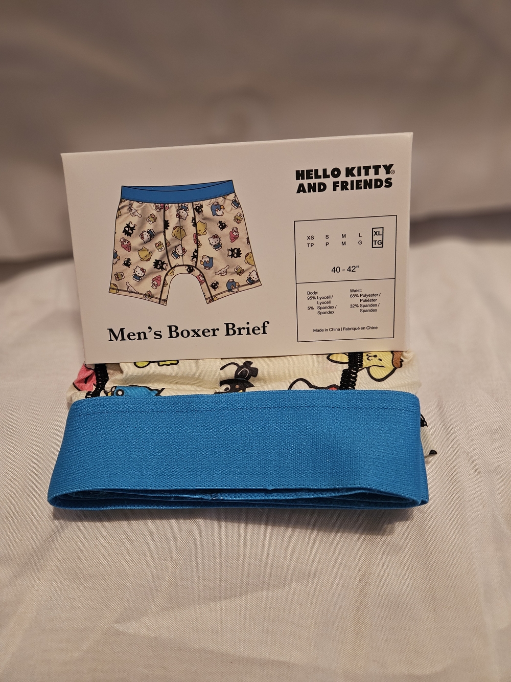 Hello Kitty Men's Boxer Briefs with Bright Blue Waistband and Cream Print